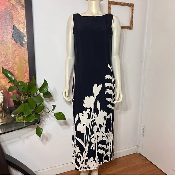 Vintage R.J. Collection by Chelsea Rousso Black Sheath Dress Long Floral Size 8 - Picture 4 of 12